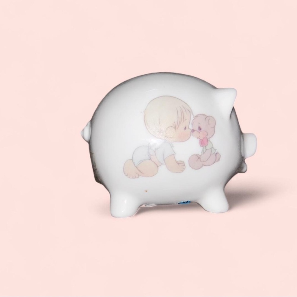 Precious Moments White Piggy Bank with Child and Teddy Design